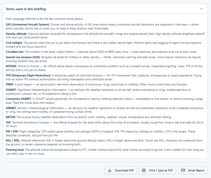The report glossary and action buttons.