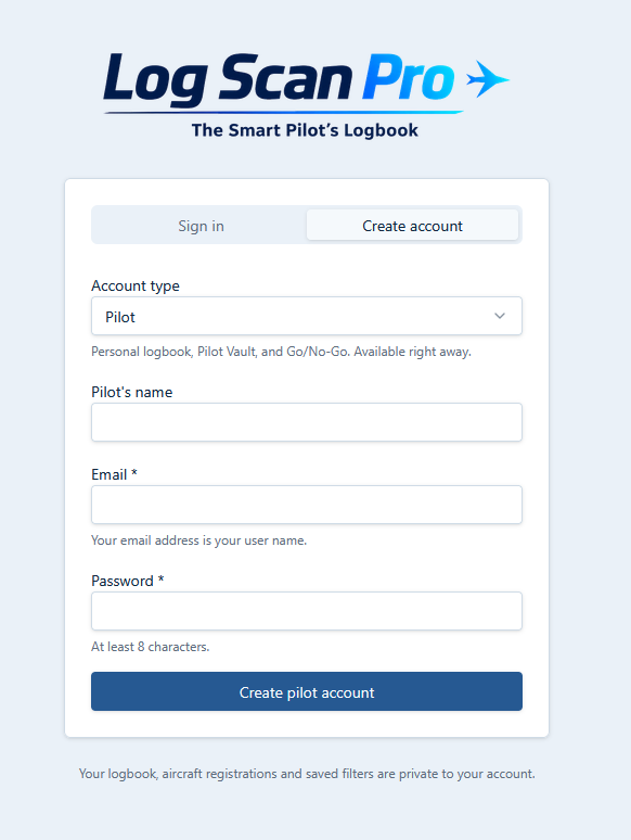 Pilot sign up page