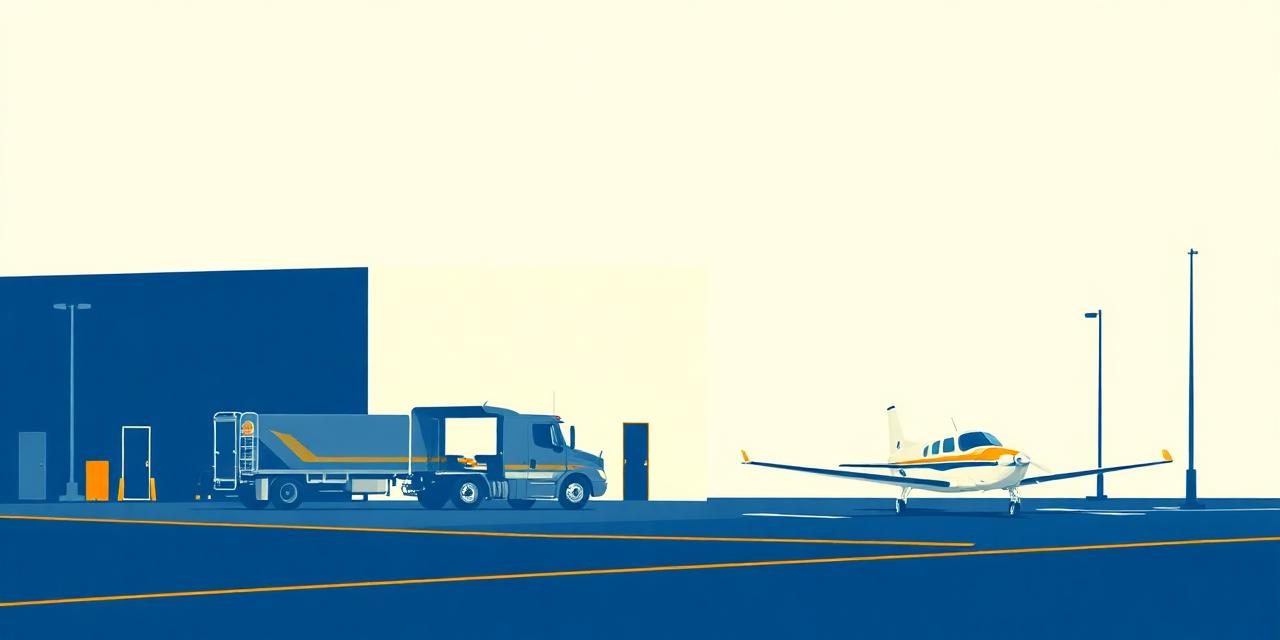 Hangar, fuel truck and parked aircraft on the ramp