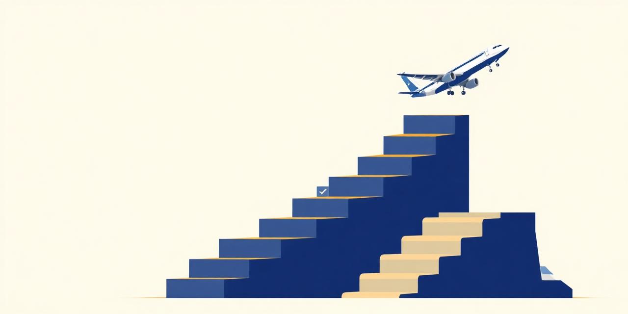Staircase of milestones with climbing aircraft
