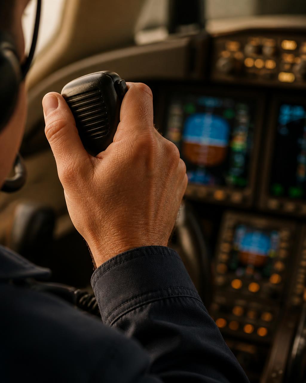 Pilot's hand holding an aviation radio microphone inside a cockpit
