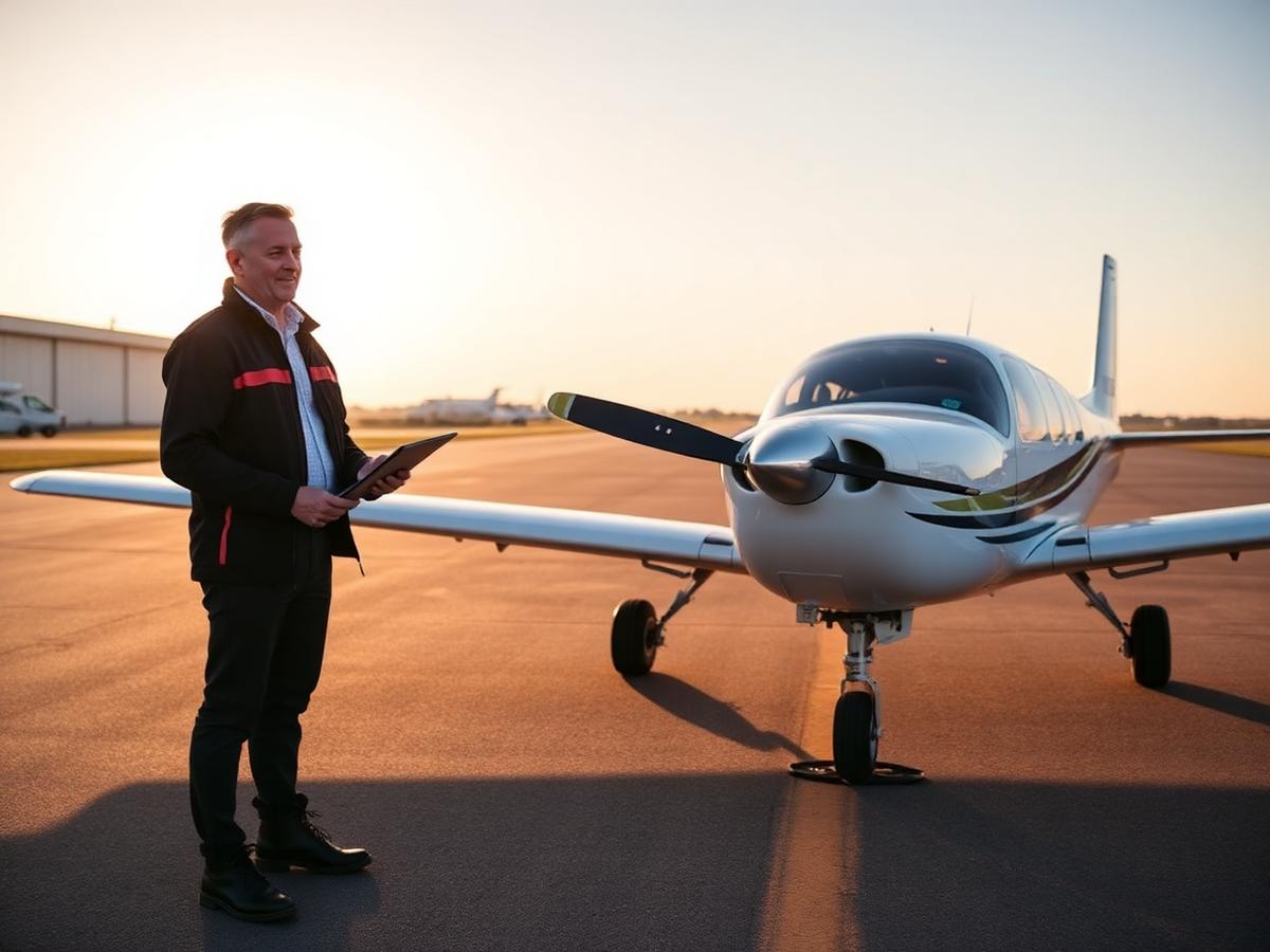 Independent flight instructor with a tablet beside a single-engine aircraft at sunset