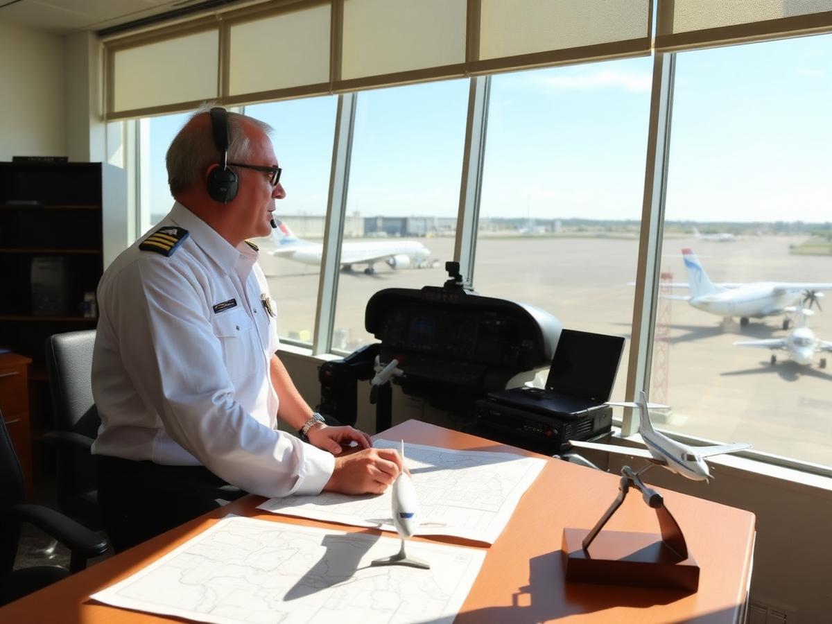 Flight instructor reviewing charts at a flight school desk overlooking the ramp