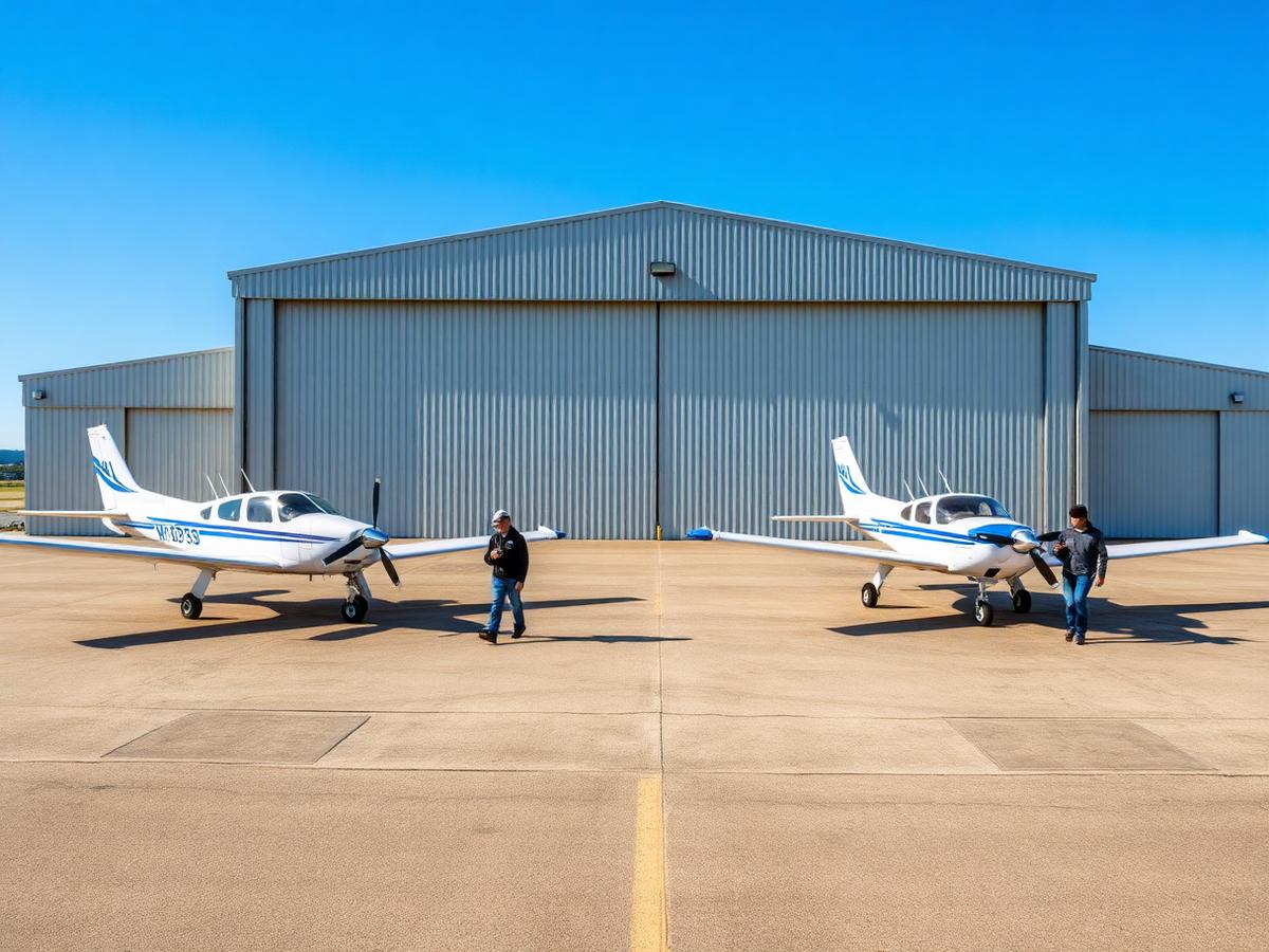 Training aircraft parked on the flight line in front of a flight school hangar