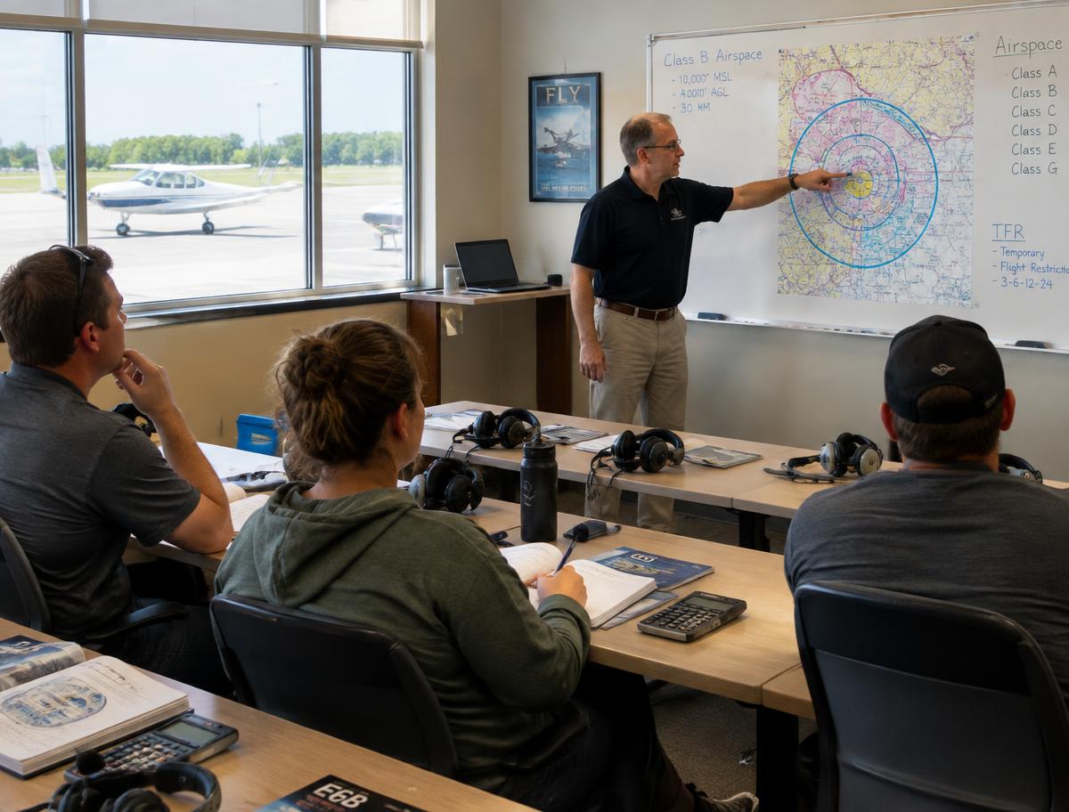 Ground school instructor teaching airspace at a whiteboard to student pilots