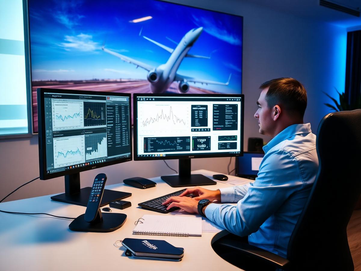 Aviation insurance underwriter reviewing flight data charts on office monitors