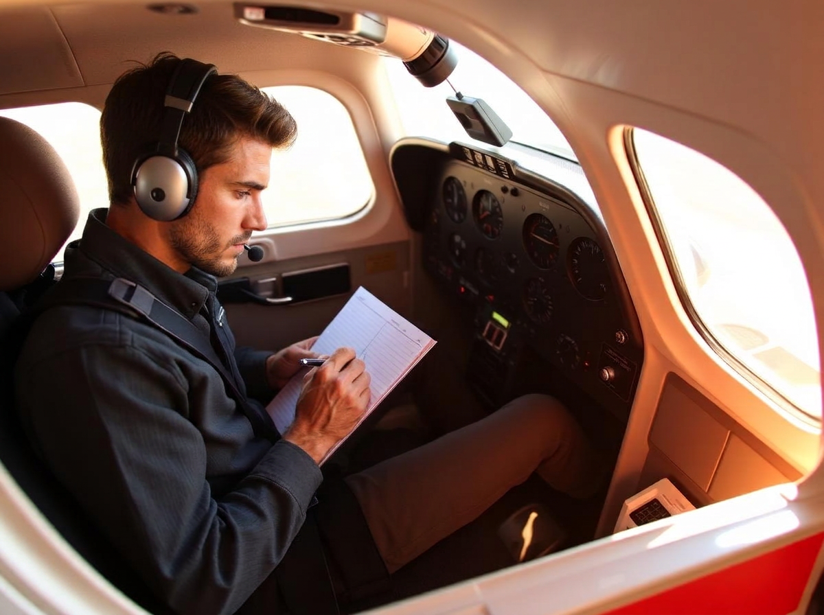 Student pilot writing in a logbook in the cockpit of a training airplane