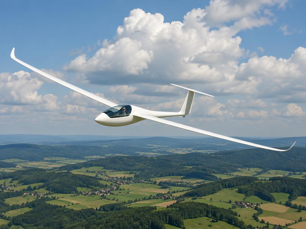 Sailplane glider soaring beneath developing cumulus over open countryside