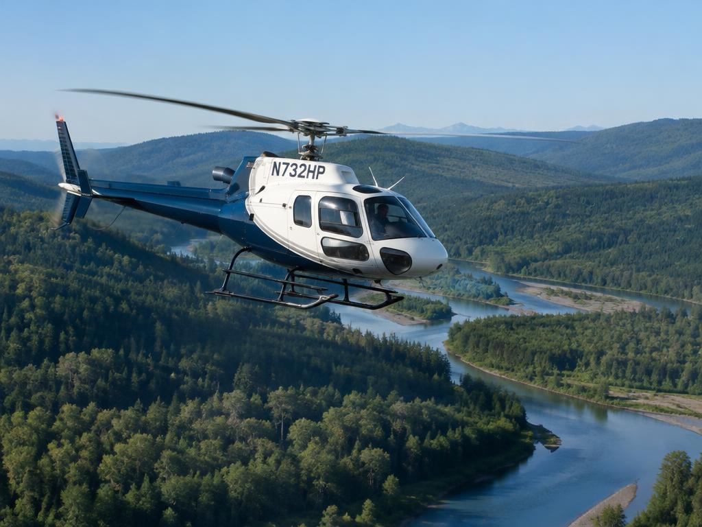 Light helicopter flying low over forested hills and a river