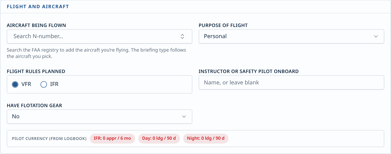 The flight section: aircraft, purpose of flight, review stage and planned flight rules.