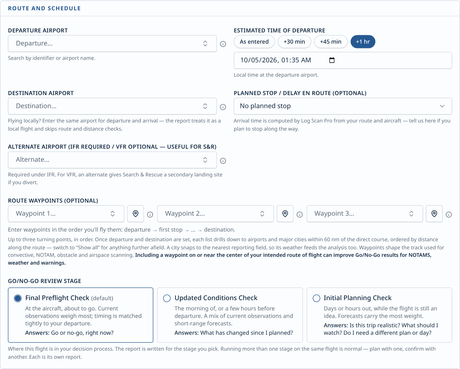 Route and schedule: departure, destination, departure time with quick-set buttons, waypoints and review stage.