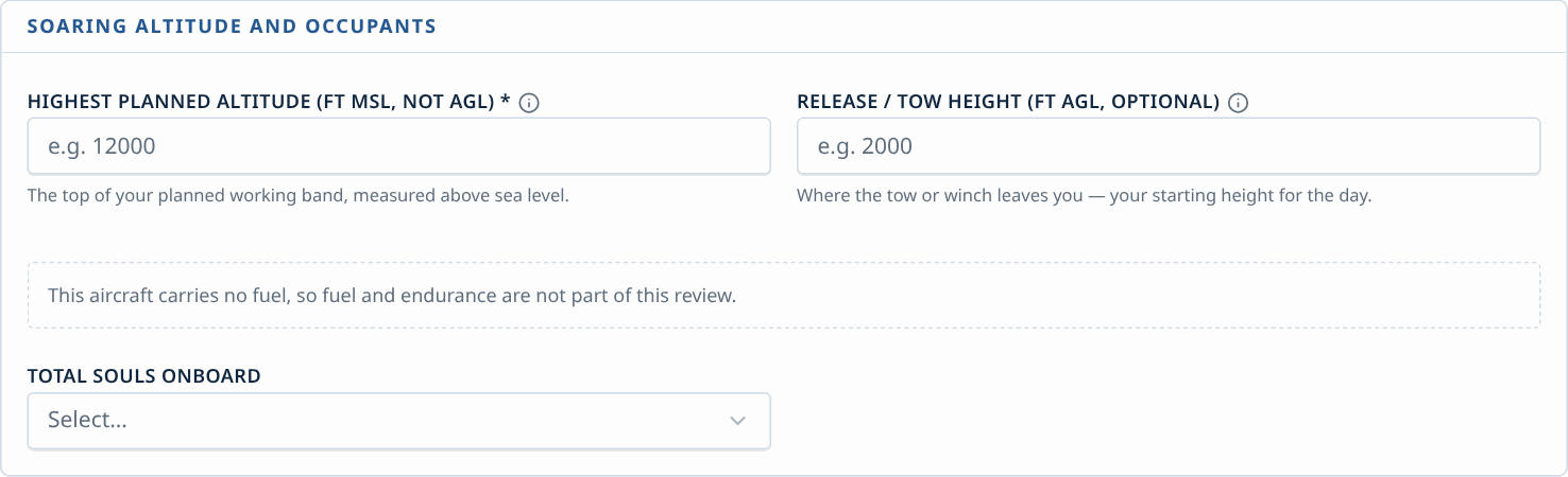 Highest planned altitude, tow or release height and souls on board.