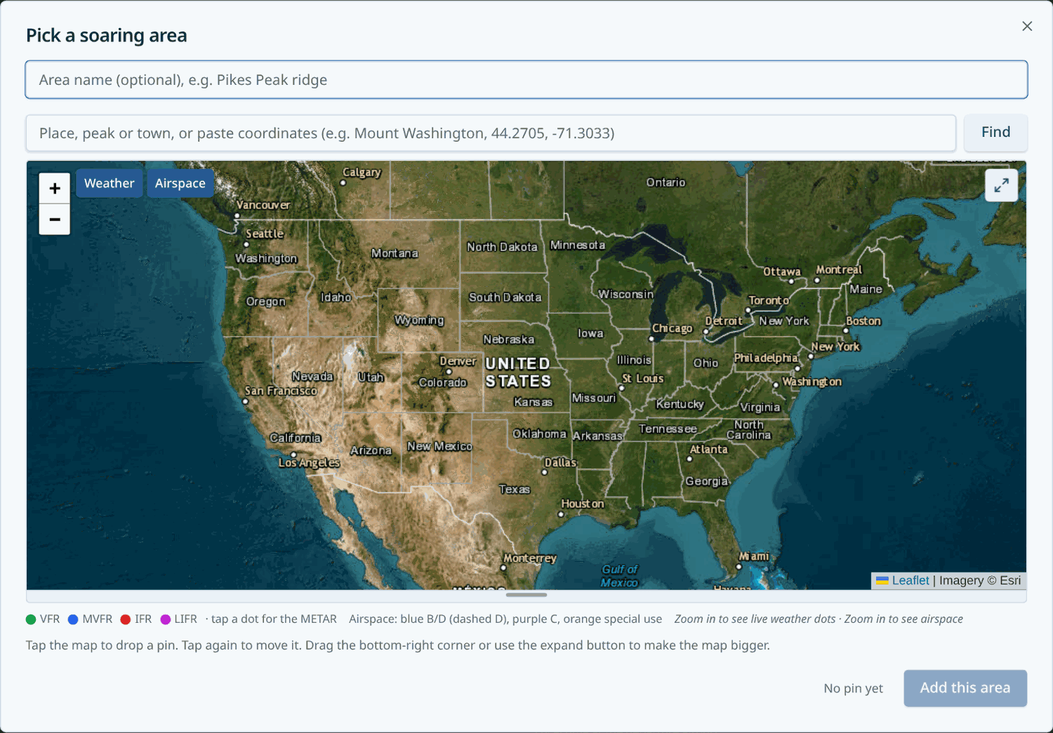 Picking soaring areas on the map.