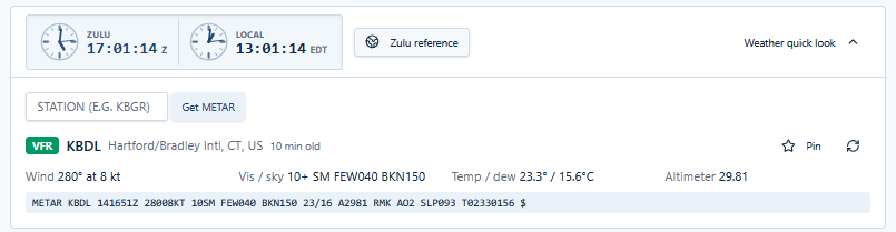 Clocks, the Zulu reference button and the Weather quick look.