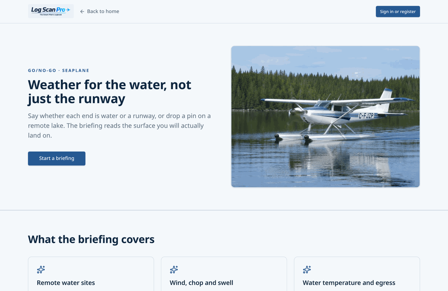 The public Seaplane briefing page.