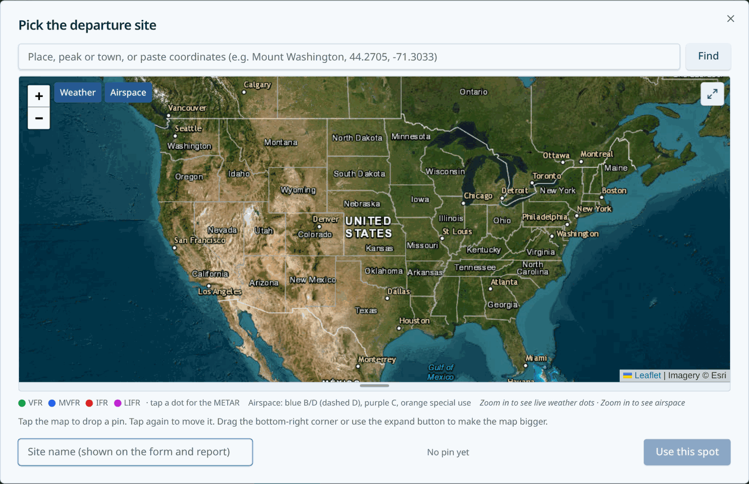 The map picker: search, drop the pin, fine-tune it, name the site.