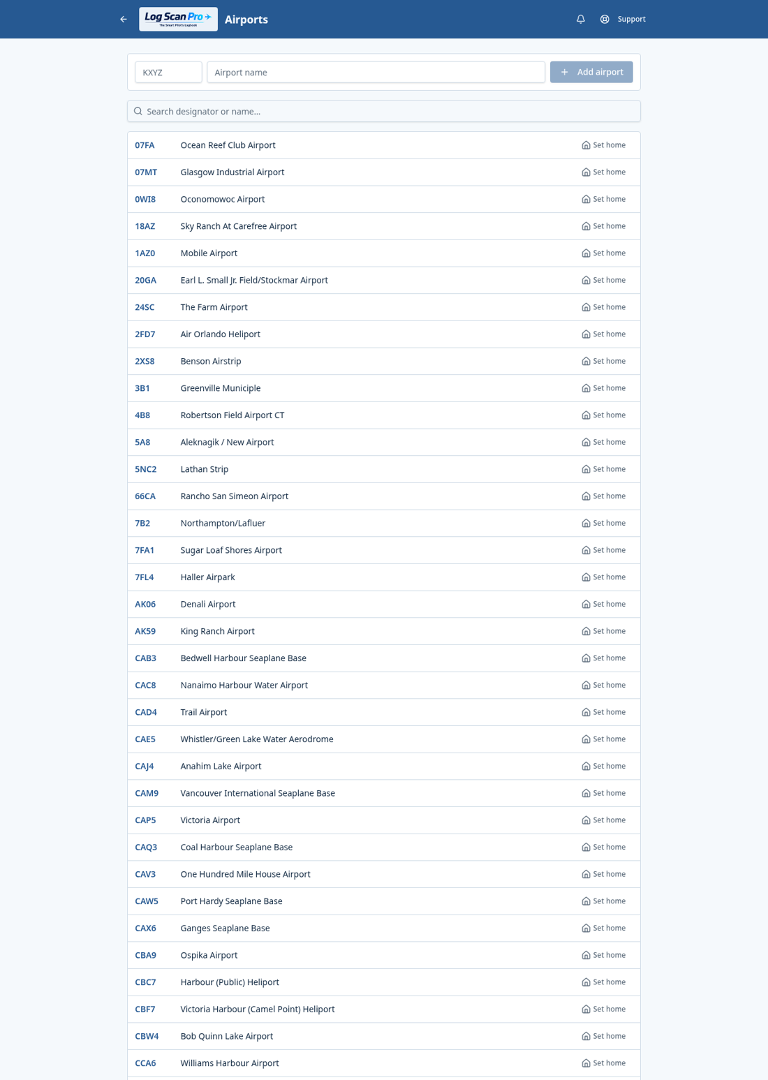 The airports page.