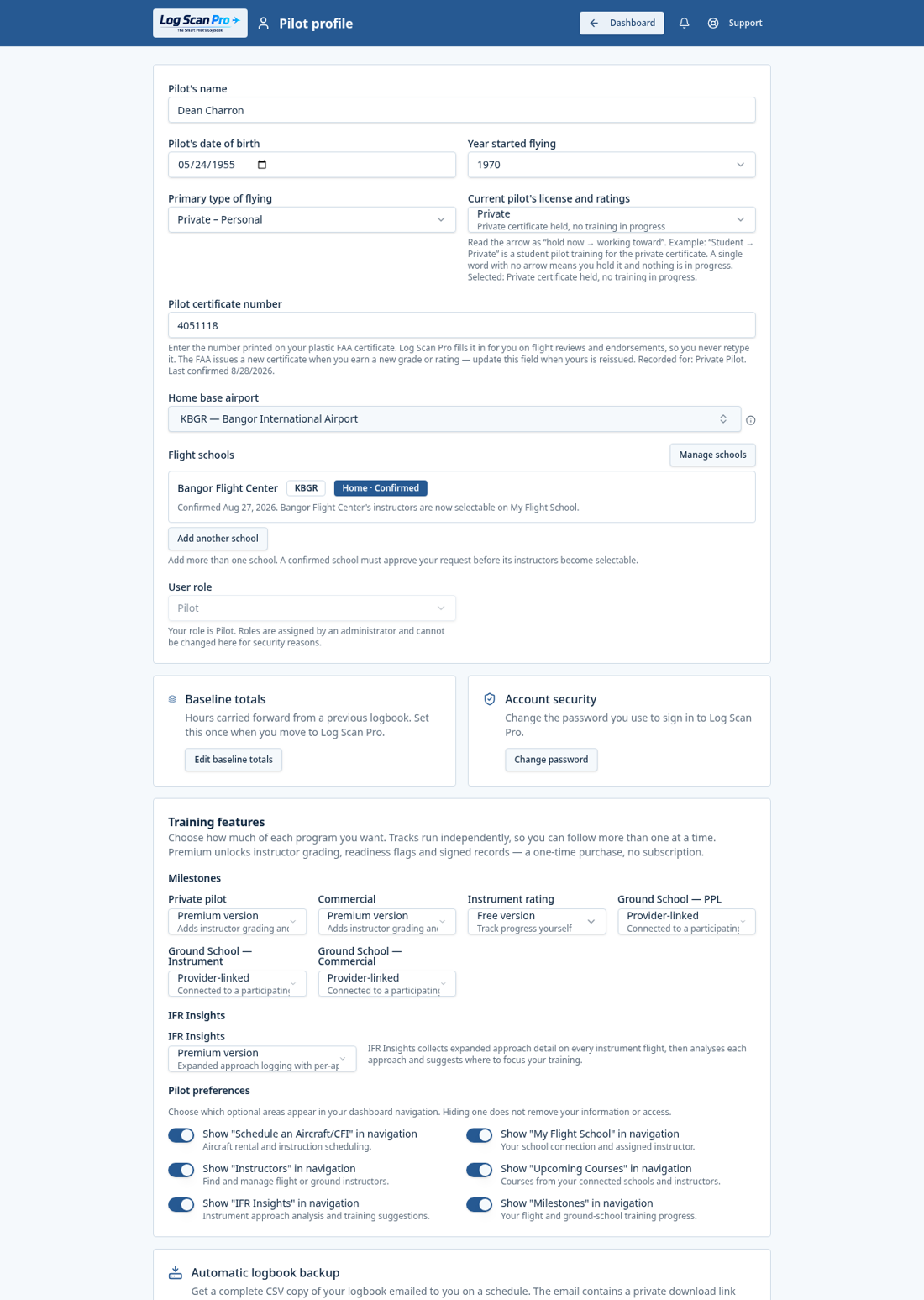 Your pilot profile and preferences.